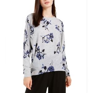 BCX Floral Print Sweatshirt - Blue and Gray, 3/4 Dolman Sleeves, Size S